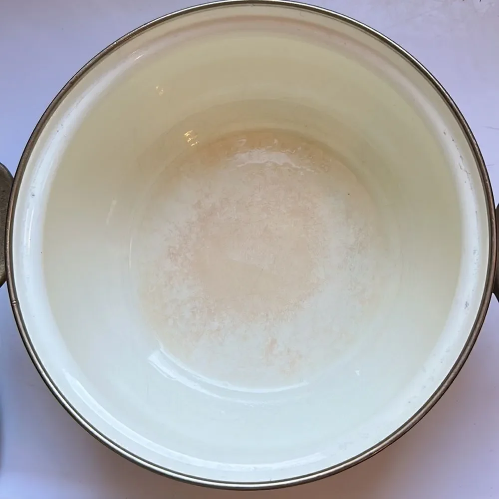 Vintage enamelware floral painted cooking pot with‎ brass handles